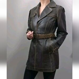 Vtg Sergio Beninni Brown Leather Contrast Stitched Style 70's Coat Jacket Italy